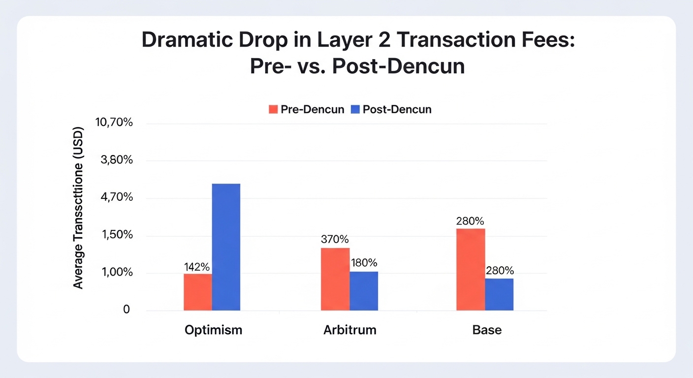 A clean bar chart showing the dramatic drop in average transaction fees on Layer 2 networks like Optimism, Arbitrum, and Base, comparing 'Pre-Dencun' and 'Post-Dencun' periods.