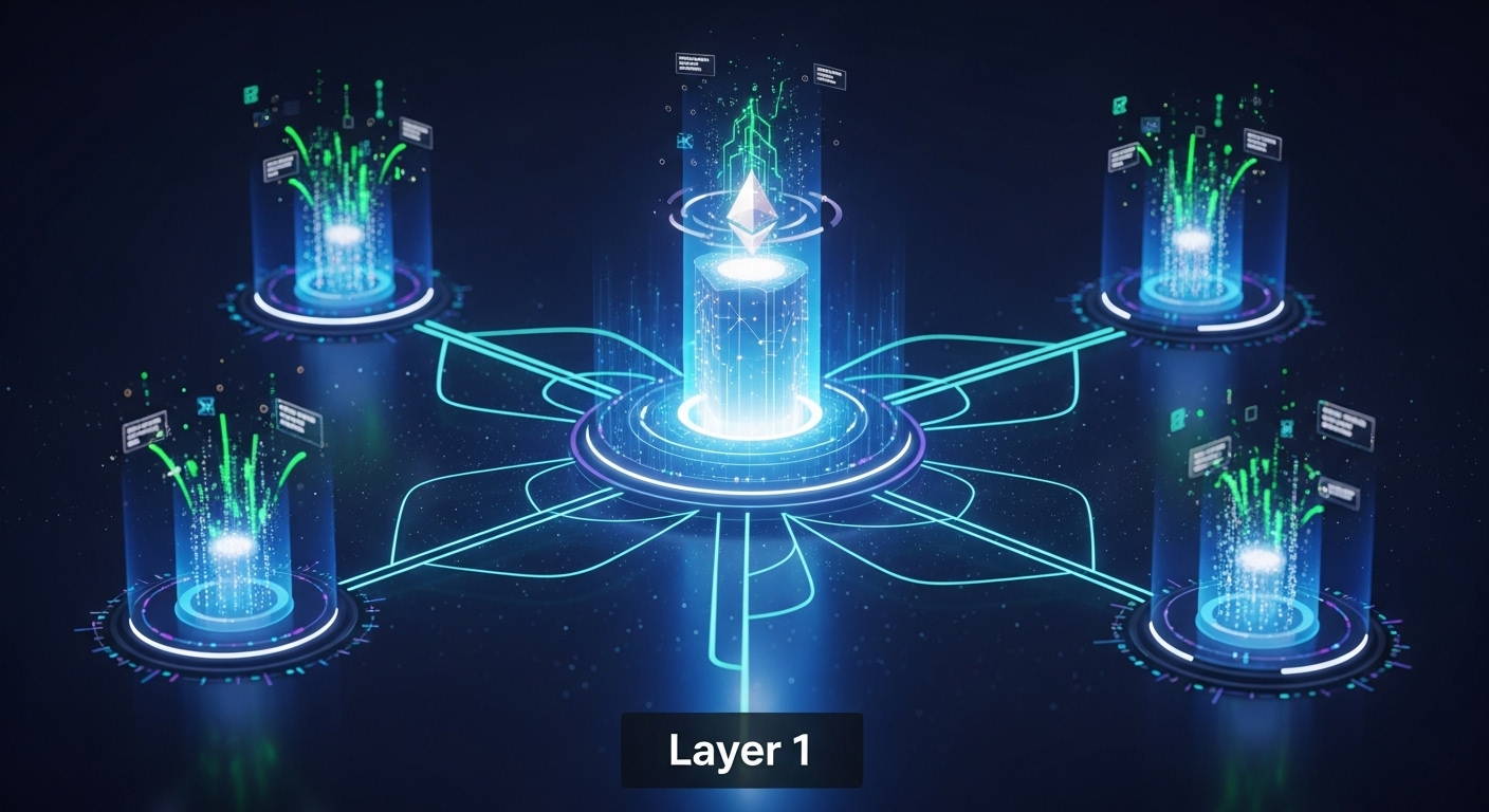 A futuristic illustration of the Ethereum ecosystem, showing a strong, secure Layer 1 core with multiple vibrant Layer 2 networks branching out, bustling with activity.