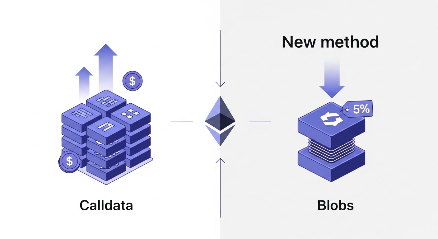 A simple infographic comparing the old method of Layer 2s posting expensive 'calldata' to the new, cheaper method of posting 'blobs' to Ethereum.