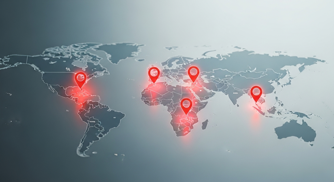 A world map with glowing red pins on major countries like the USA, China, and in Europe, symbolizing global regulatory pressure on crypto.